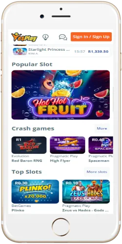 YesPlay mobile app screen showing casino and sports betting menu